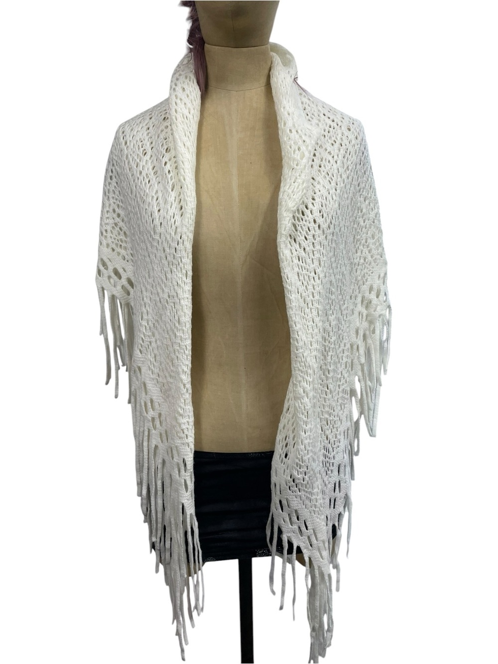 White Open Knit Poncho Crochet Boho Cape Fringe One Size Soft Cottage Whimsy - Picture 8 of 12